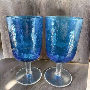 Glass Stemware Cobalt Blue Goblet Set 2 Clear Stem Large Drinking Glasses VTG